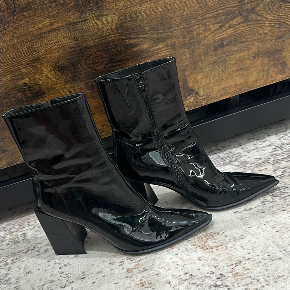 Jeffrey Campbell Black Heeled Boots with Glossy Toe